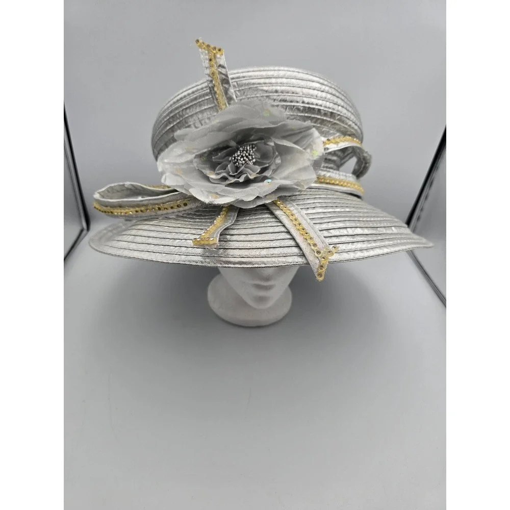 Unbranded Wide Brim Church Hat Women One‎ Size Silver Good Floral Sequin Trim
